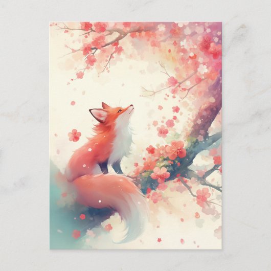 赤いキツネとピンクの桜 ポストカード (正面)