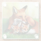 赤いキツネの母親と草の中のキット ガラスコースター (裏面)