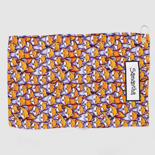 赤いキツネの漫画名前をカスタムするかわいい動物のコラージュ ゴルフタオル (横)