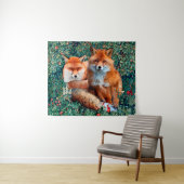 赤いキツネ、緑、花 タペストリー (インサイチュ(横))