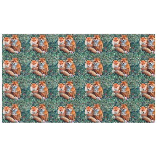 赤いキツネ、緑、花 テーブルクロス (正面(横))