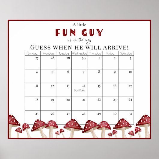赤いキノコおもしろいガイ赤ちゃんシャワー期日カレンダー ポスター (正面)