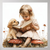 赤いキノコとタンの子犬と本を読む女の子 ポスター (正面)