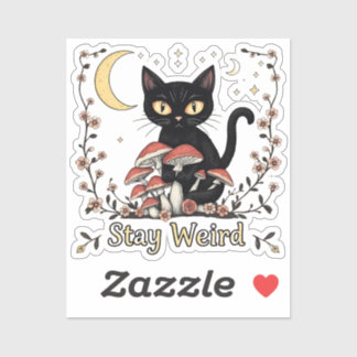 赤いキノコと淡い花々に囲まれたノワール風猫 シール