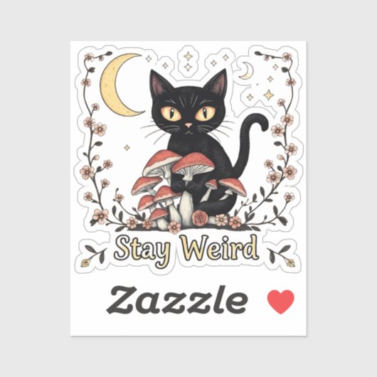 赤いキノコと淡い花々に囲まれたノワール風猫 シール (シート)