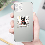赤いキノコと淡い花々に囲まれたノワール風猫 シール (スマートフォン)