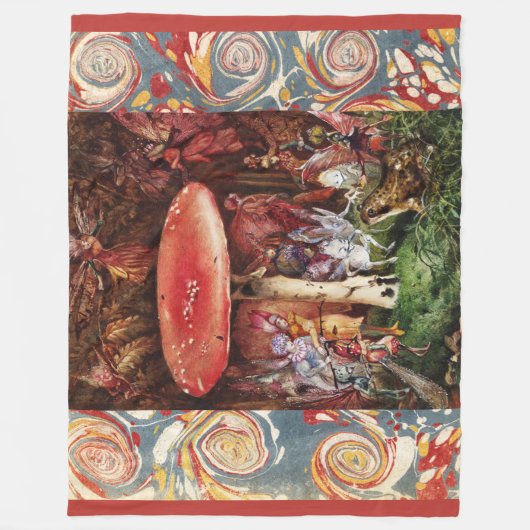 赤いキノコの下でカエルと妖精を侵入魔法 フリースブランケット (正面)