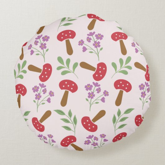 赤いキノコの園丸い枕 ラウンドクッション (裏面)