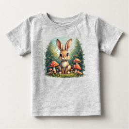 赤いキノコの間の可愛いウサギ ベビーTシャツ