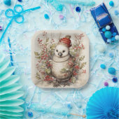 赤いキャップのホリー赤い果実を着た愛らしい鳥 ペーパープレート (パーティー)