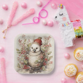 赤いキャップのホリー赤い果実を着た愛らしい鳥 ペーパープレート (パーティー)