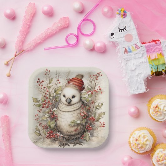 赤いキャップのホリー赤い果実を着た愛らしい鳥 ペーパープレート (パーティー)