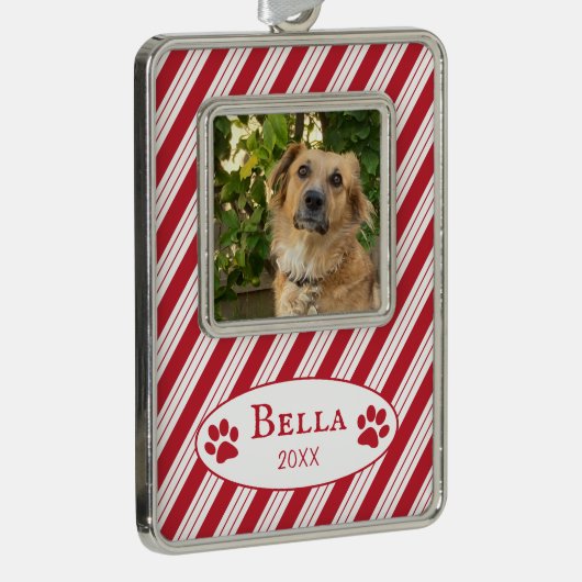 赤いキャンディーケーンのストライプ 犬の写真 フレーム付きオーナメント シルバープレートフレームオーナメント (右)