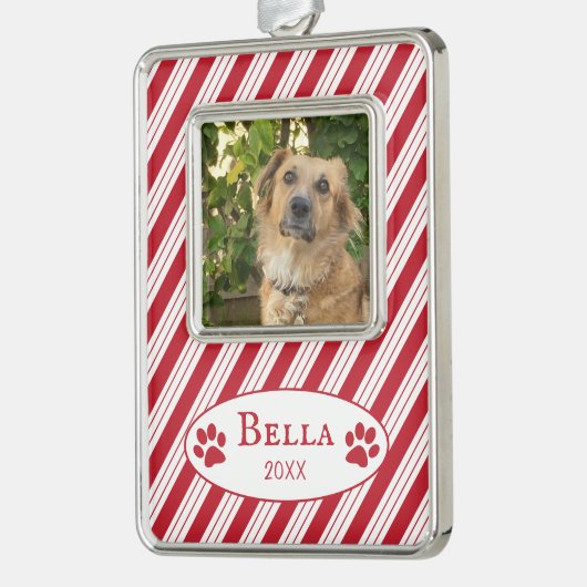 赤いキャンディーケーンのストライプ 犬の写真 フレーム付きオーナメント シルバープレートフレームオーナメント (左)