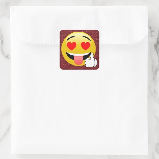 赤いキラキラしたハートの瞳がEmojiのステッカーを突き上げ スクエアシール (バッグ)