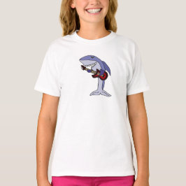 赤いギターを演奏しているおもしろいな鮫 Tシャツ