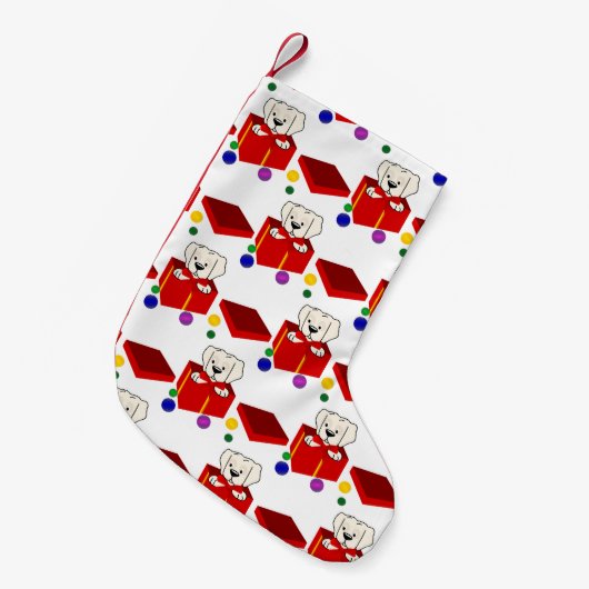赤いギフトの箱に入れた驚きの子犬 スモールクリスマスストッキング (正面 (吊り時))