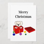 赤いギフトボックスのクリスマスに驚きの子犬 シーズンカード (正面/裏面)