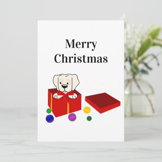 赤いギフトボックスのクリスマスに驚きの子犬 シーズンカード (スタンド正面)