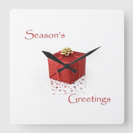 赤いギフトボックスの季節のグリーティングクロック スクエア壁時計 (正面)