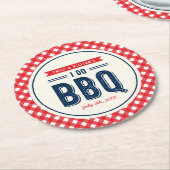 赤いギンガムおよび青私はBBQのパーティーをします ラウンドペーパーコースター (アングル)