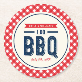 赤いギンガムおよび青私はBBQのパーティーをします ラウンドペーパーコースター