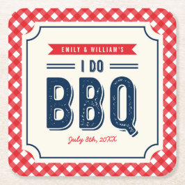 赤いギンガムおよび青私はBBQの婚約パーティをします スクエアペーパーコースター
