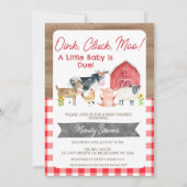 赤いギンガムと木製の赤ちゃんシャワーファームの招待 招待状 (正面)