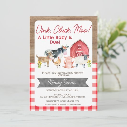 赤いギンガムと木製の赤ちゃんシャワーファームの招待 招待状 (スタンド正面)