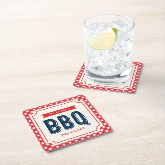 赤いギンガムと青い夏BBQ スクエアペーパーコースター (インサイチュ)