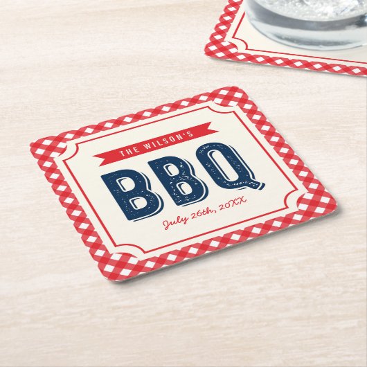 赤いギンガムと青い夏BBQ スクエアペーパーコースター (アングル)