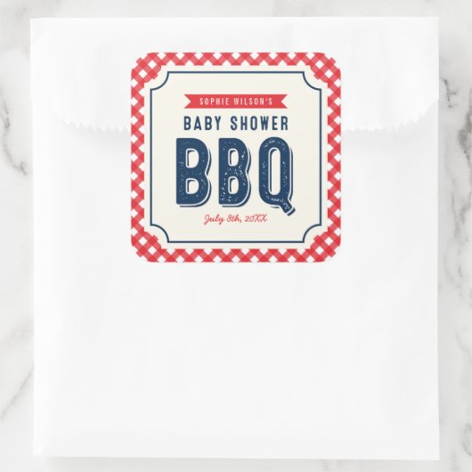 赤いギンガムと青い赤ちゃんシャワーBBQパーティー スクエアシール (バッグ)
