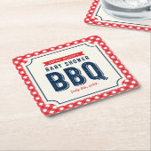 赤いギンガムと青い赤ちゃんシャワーBBQパーティー スクエアペーパーコースター (アングル)