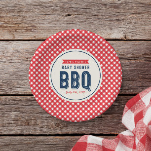 赤いギンガムと青い赤ちゃんシャワーBBQ ペーパープレート