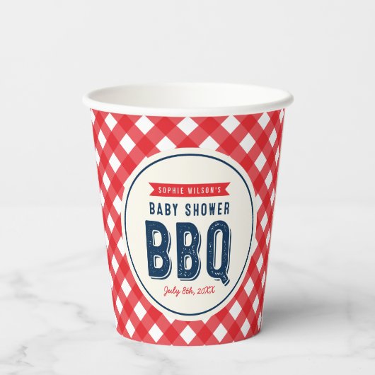 赤いギンガムと青い赤ちゃんシャワーBBQ 紙コップ (裏面)