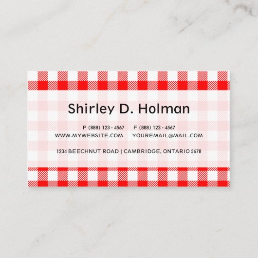 赤いギンガムのピクニックテーブルクロスのプリント 名刺 (裏面)