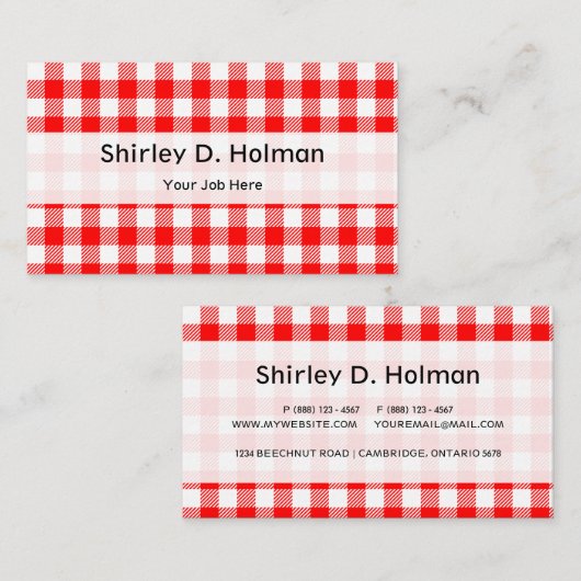 赤いギンガムのピクニックテーブルクロスのプリント 名刺 (正面/裏面)