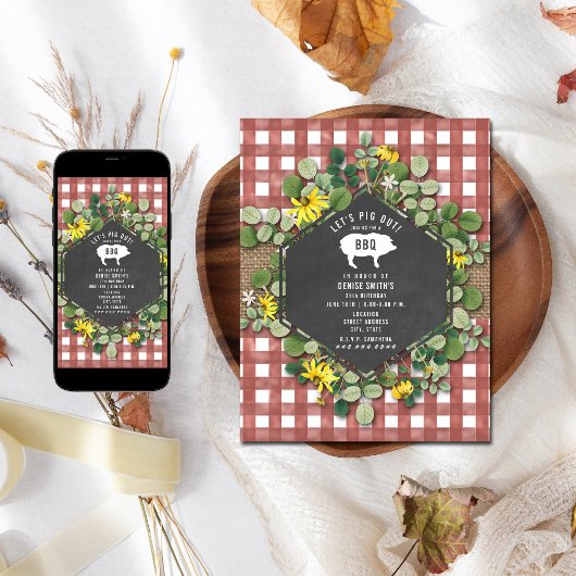 赤いギンガムの豚 シルエット 花柄 誕生日 BBQ 招待状