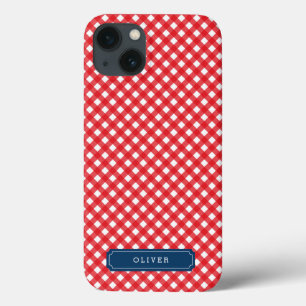 赤いギンガムを名前でパーソナライズするピクニック iPhone 13ケース