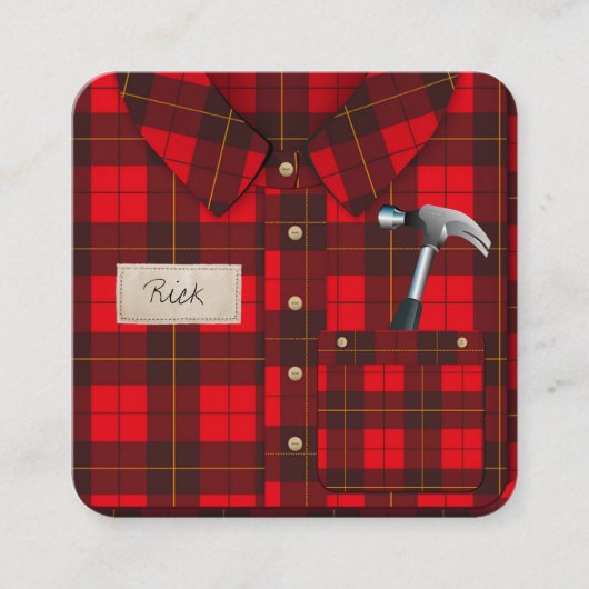 赤いギンガムシャツハンドメイドビジネスカード スクエア名刺 (正面)