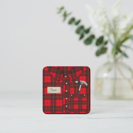 赤いギンガムシャツハンドメイドビジネスカード スクエア名刺 (スタンド正面)