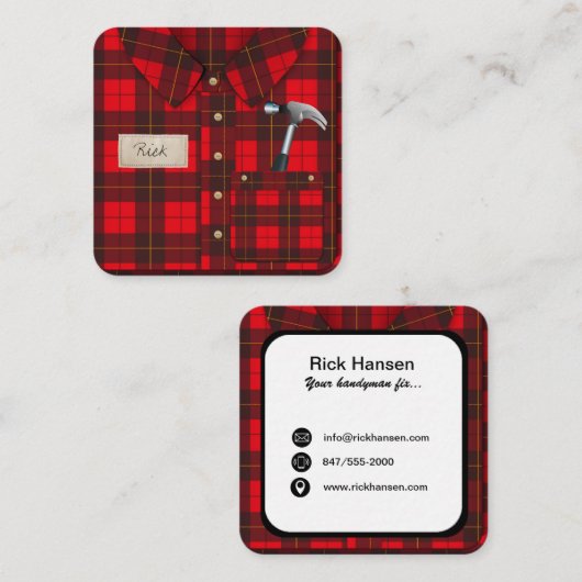 赤いギンガムシャツハンドメイドビジネスカード スクエア名刺 (正面/裏面)