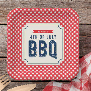 赤いギンガムチェックとブルーの7月4日BBQ  ペーパープレート