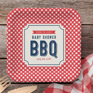 赤いギンガムチェックと青いベビーシャワーのBBQ ペーパープレート