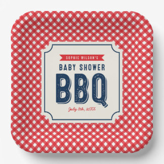 赤いギンガムチェックと青いベビーシャワーのBBQ ペーパープレート
