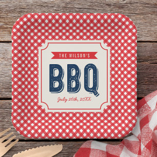 赤いギンガムチェックと青い夏のBBQ ペーパープレート