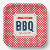 赤いギンガムチェックと青い夏のBBQ ペーパープレート (正面)