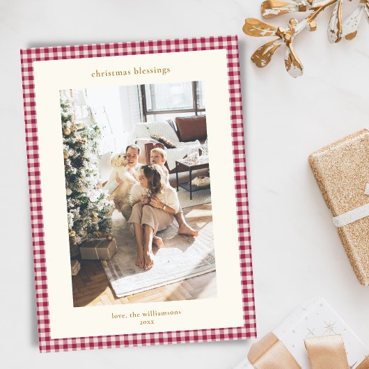 赤いギンガムチェックのクリスマスの祝福の家族写真 シーズンカード