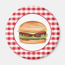 赤いギンガムチェックのハンバーガーのファストフードイラスト マグネット