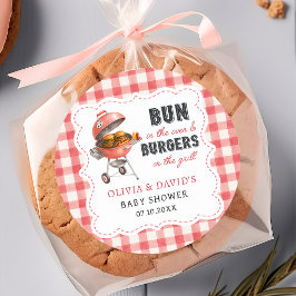赤いギンガムチェックのハンバーガーBBQベビーシャワーステッカー ラウンドシール